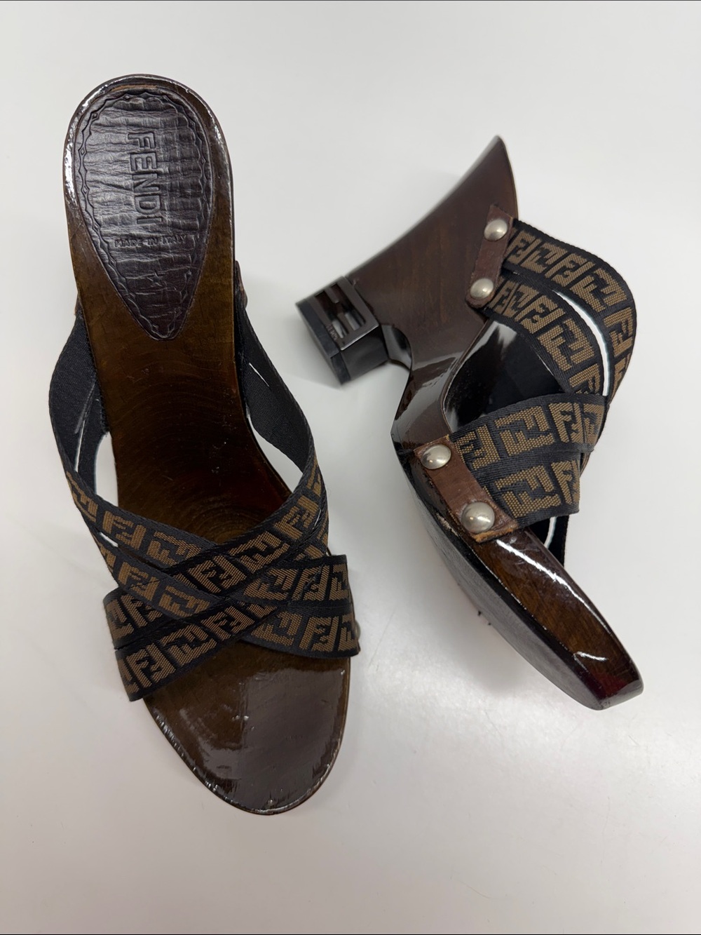 Fendi Zucca FF Logo Wedges High Heel Shoes Open Wooden Heels Vintage Size 10.5